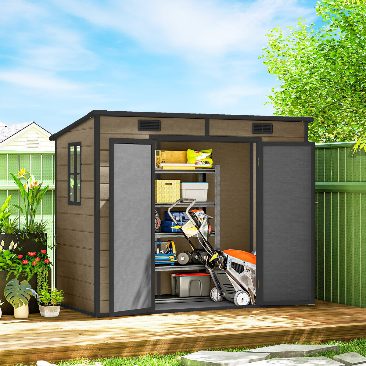 EverBase 8' x 4' Outdoor Storage Shed with Window, Lockable Doors and Vents, Light Brown — product view 4