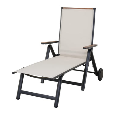 LOUNGE YARD Outdoor Chaise Lounge Chair with 6-Position Adjustable Sling Backrest, Aluminum Folding Portable Wood Grain Chair with Wheels for Beach, Backyard, Poolside, Lawn