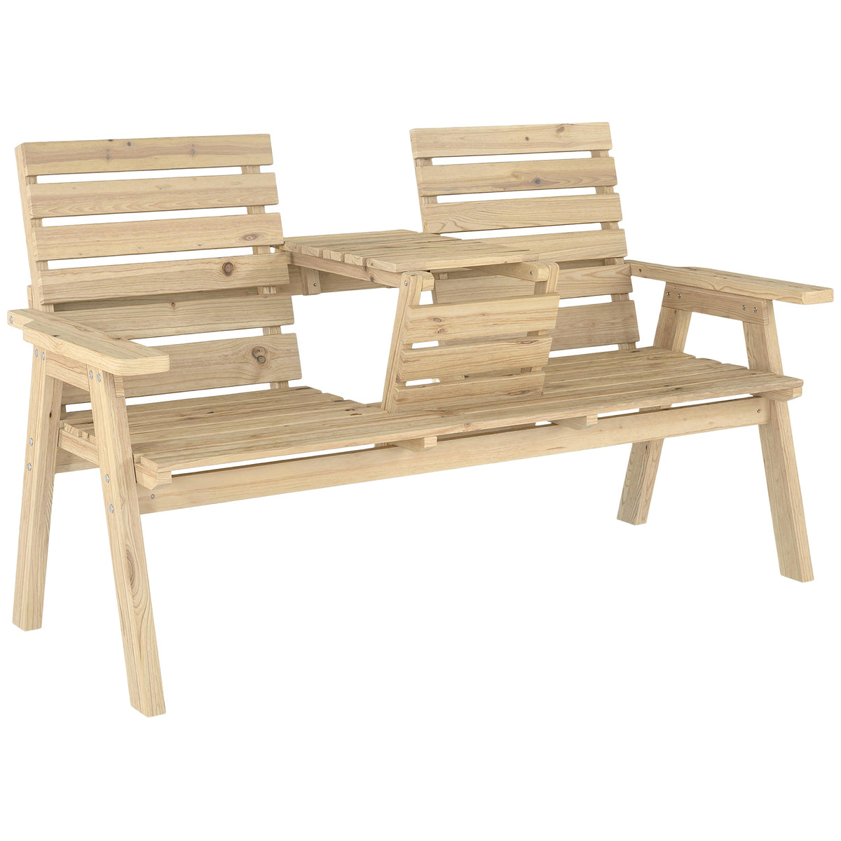 2 Seater Wooden Garden Bench with Convertible Middle Table, Natural — product view 1
