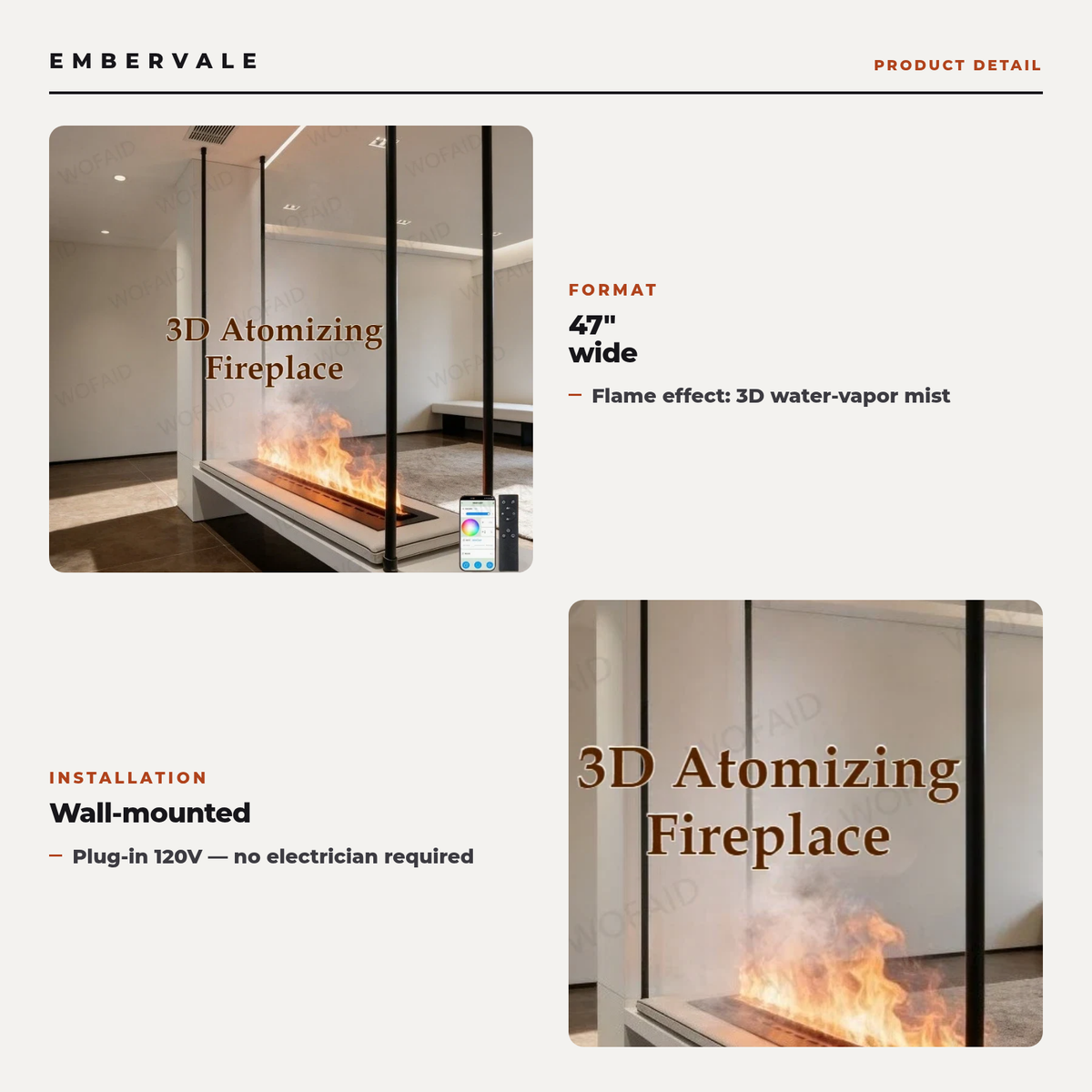 47 Inch Ultra-Slim Water Mist Fireplace, Wall-Mounted Linear Vapor Electric Fireplace with 9 Flame Colors — product view 3