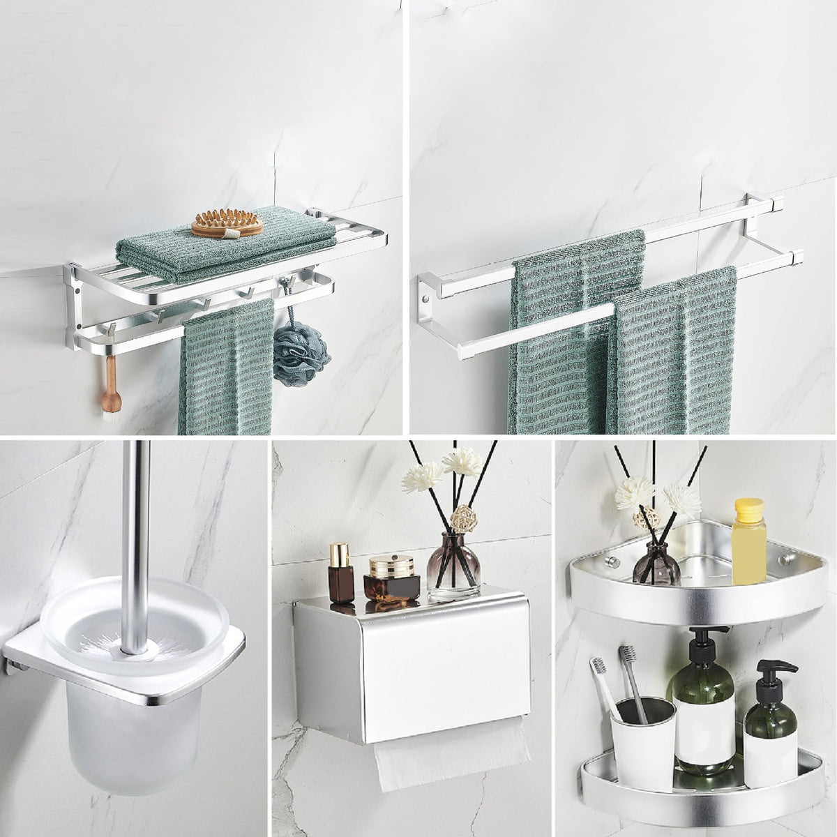LoungeYard | Contemporary Metal 6-piece Bathroom Accessory Set with Bathroom Shelf — product view 1