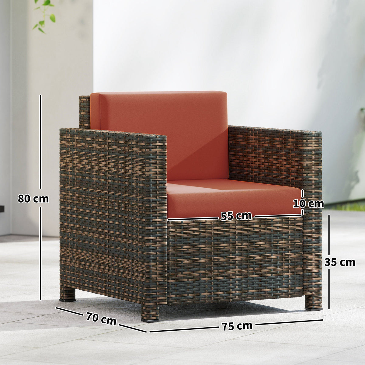 Single Rattan Garden Armchair with 10 cm Cushion & Armrests, Mixed Brown/Orange — product view 5
