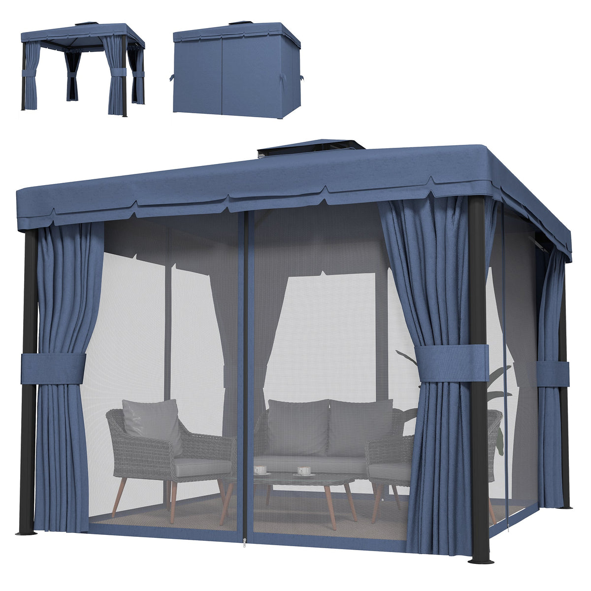 3 x 3 m Patio Gazebo with 2-Tier Roof, Netting & Curtains, Dark Blue — product view 2