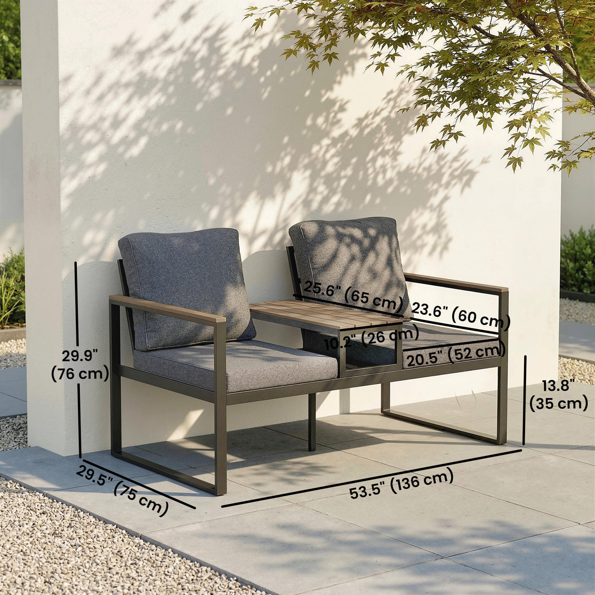 2-Seat Outdoor Garden Bench with Center Table and Thick Cushions, Light Grey — product view 5