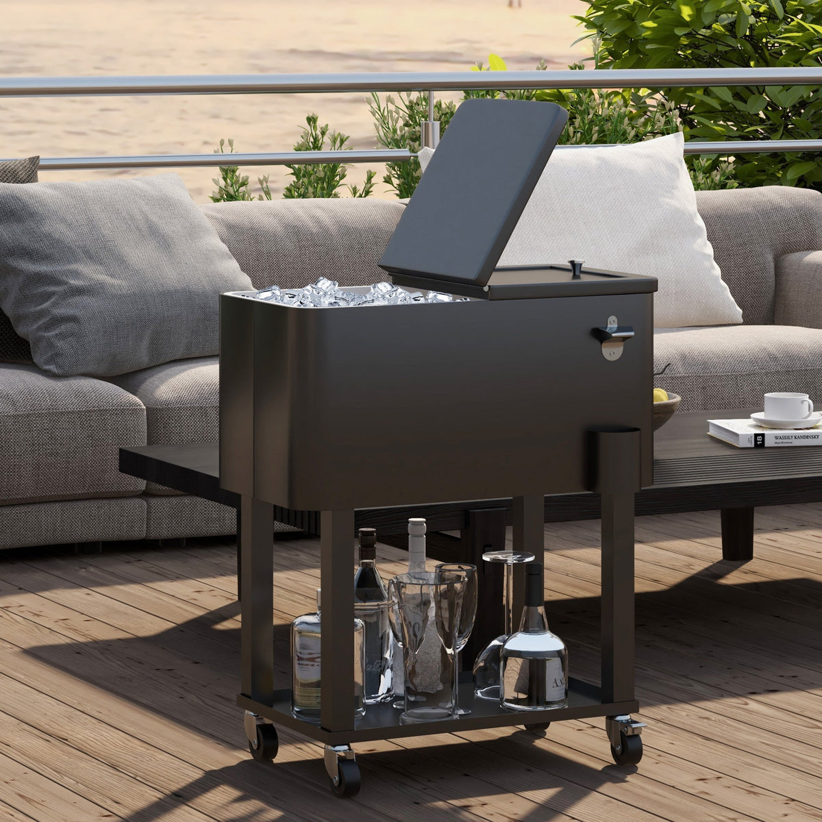 60 Quart Rolling Patio Cooler Cart with Shelf and Bottle Opener, Black — product view 3