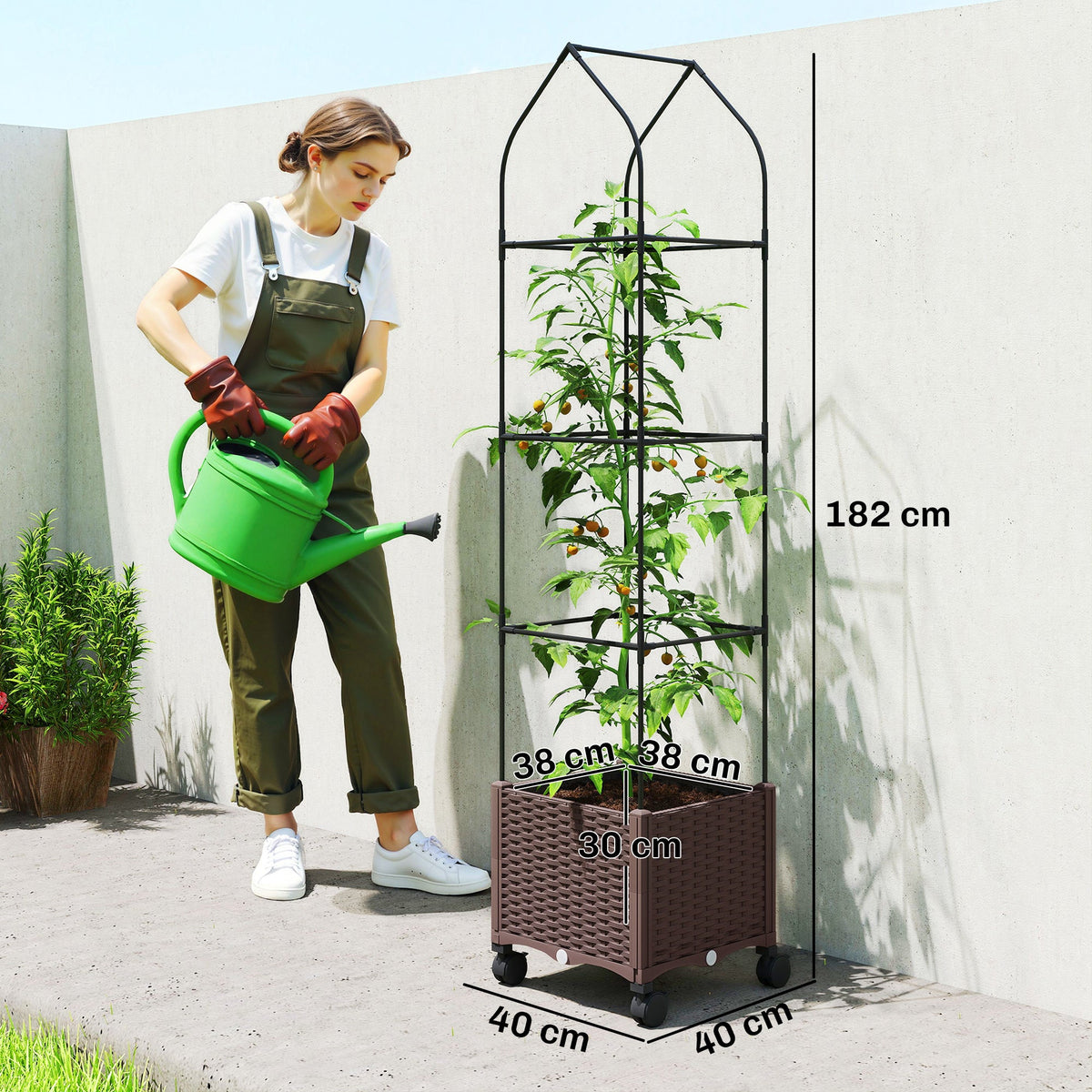 Self Watering Raised Garden Bed with Trellis & Wheels, Brown — product view 5