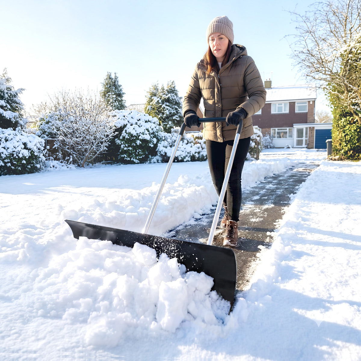 37" Extra-Wide Aluminum Snow Pusher with Wheels and Ergonomic Handle, Black — product view 4