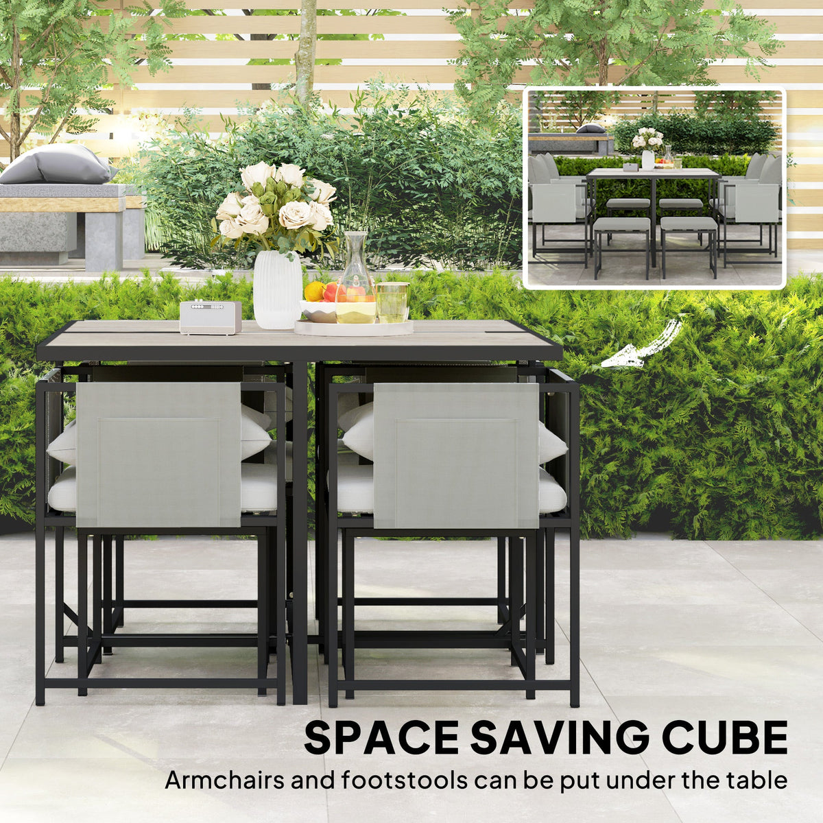 9 Piece Cube Garden Dining Set with 8 Seats, 4 Stools & Cushions, Dark Grey — product view 6