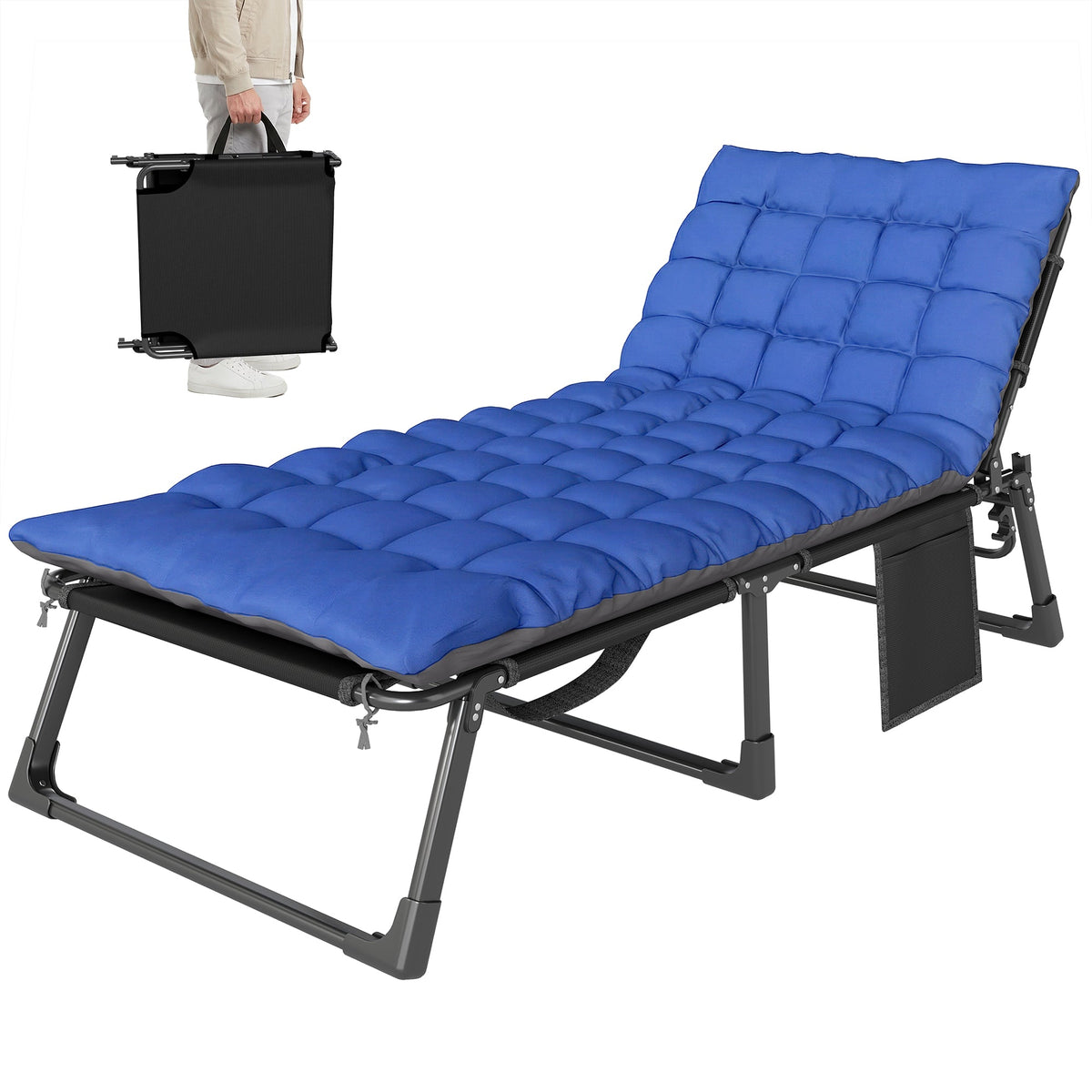 Folding Lounge Chair, 75 cm Wide with Cushion and Side Pocket, Dark Grey/Blue — product view 1
