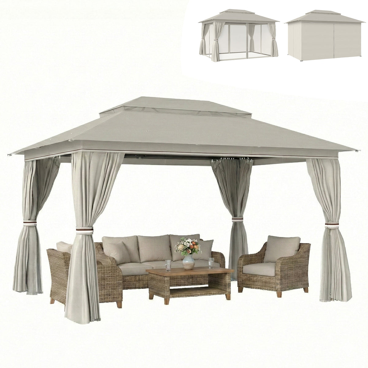 3 x 4 m Garden Gazebo with Double Roof, Netting & Curtains, Beige — product view 2