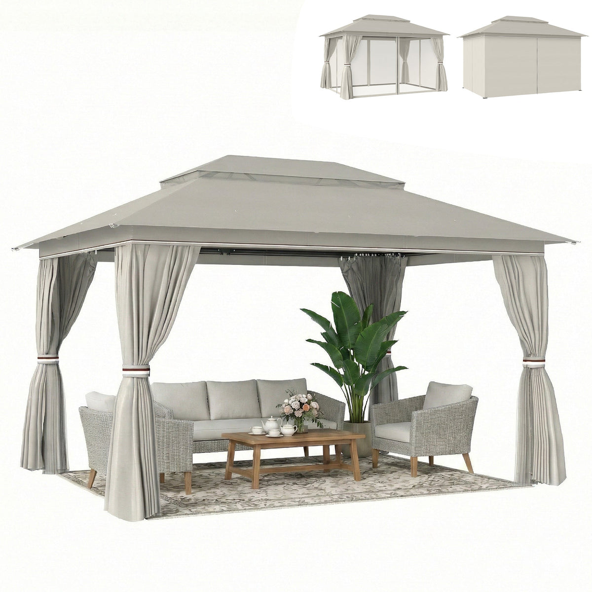 3 x 4 m Garden Gazebo with Double Roof, Netting & Curtains, Beige — product view 1
