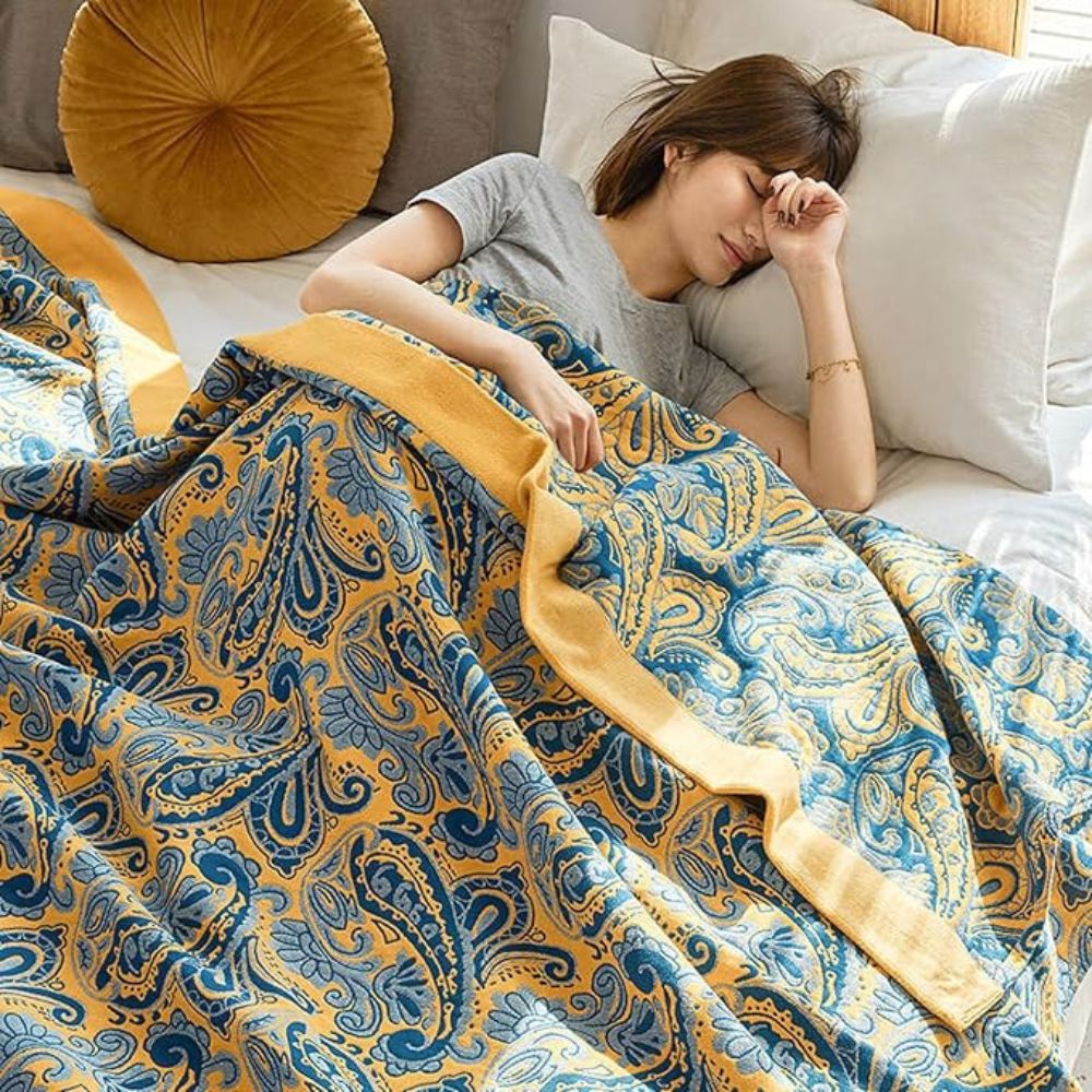 LoungeYard | Azure Golden Retro Cotton Blanket — product view 2