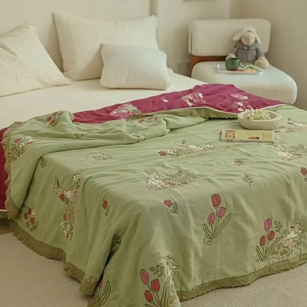 LoungeYard | Embroidered Bunny Floral Cotton Blanket — product view 3