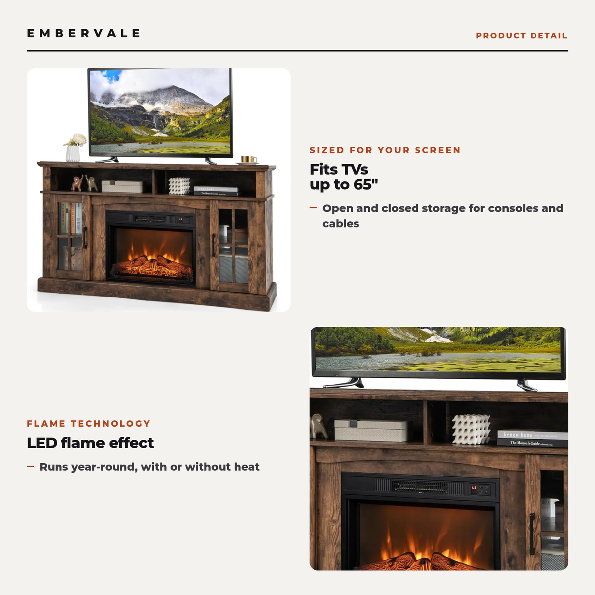 TV Stand for TVs Up to 65 Inch, Electric Fireplace TV Console w/Remote Control, Overheat Protection — product view 2