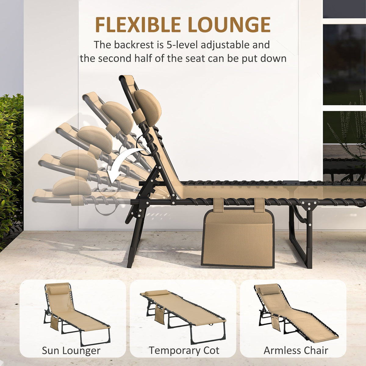 Folding Lounge Chair with Adjustable Backrest and Pillow, Beige — product view 6