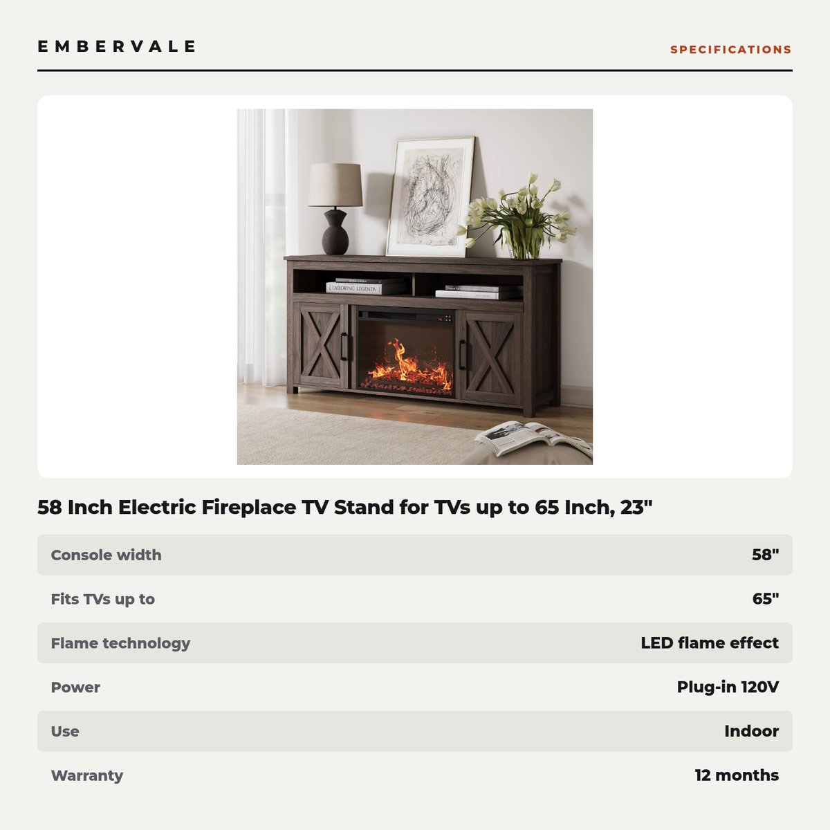 58 Inch Electric Fireplace TV Stand for TVs up to 65 Inch, 23" Firebox, Farmhouse Media Console Entertainment Center for Living Rooms — product view 3
