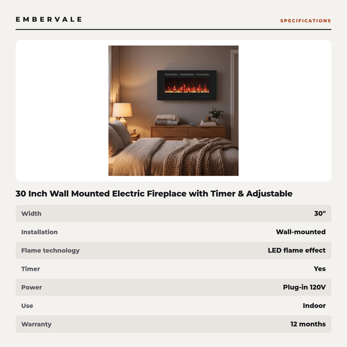 30 Inch Wall Mounted Electric Fireplace with Timer & Adjustable Flames, Compact Slim Fireplace Heater for Bedroom, Den & Apartment — product view 4