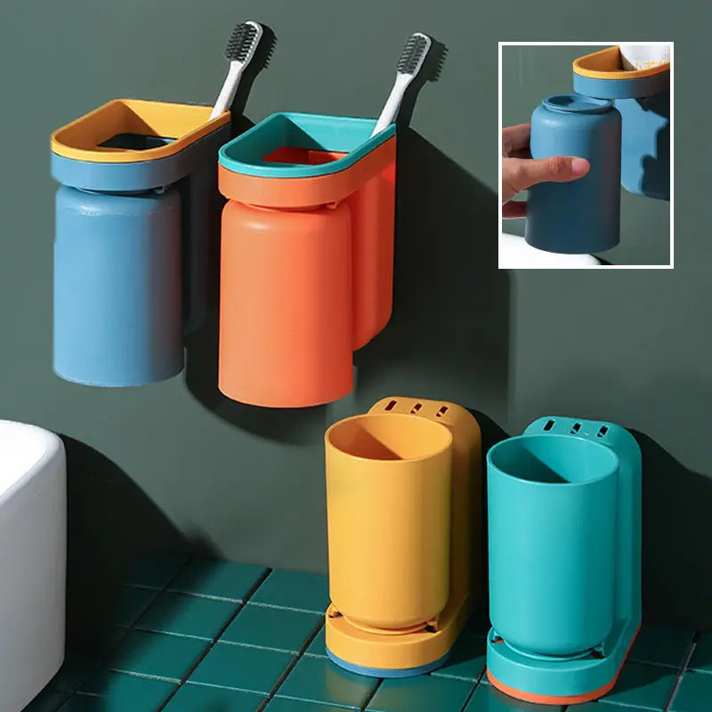 LoungeYard | Toothbrush Holder with Cup | Wall-Mounted | Self-Adhesive | ABS Plastic | 11.5×7×12.5cm — product view 2