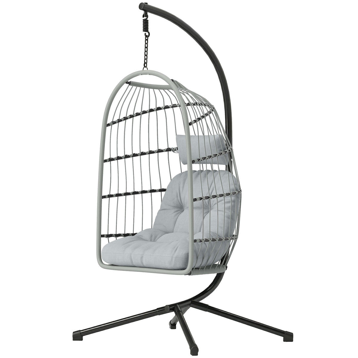 Hanging Egg Chair with Foldable Metal Stand, Thick Cushion, Light Grey — product view 2