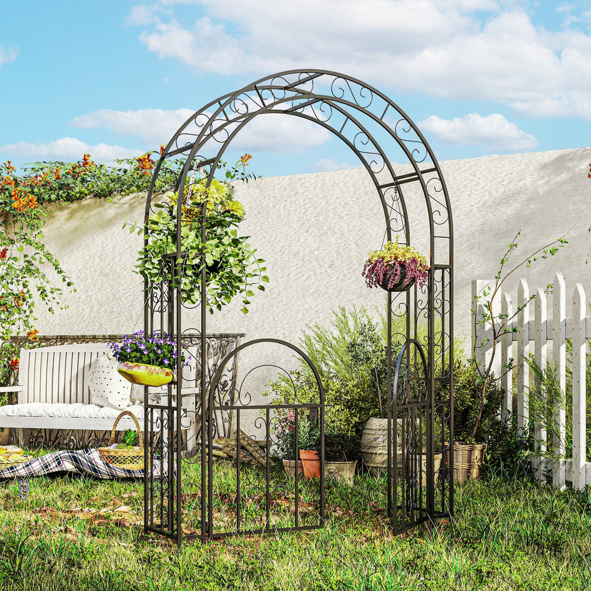 7.4ft Steel Garden Arch with Gate for Climbing Plants, Roses, Vines, Black — product view 4