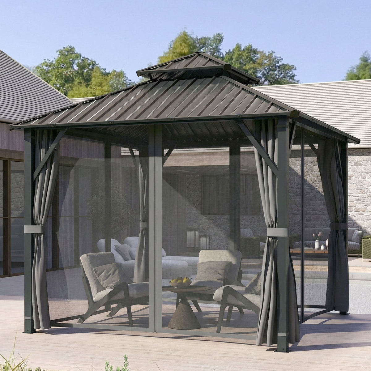 3 x 3 m Hardtop Gazebo with Double Metal Roof, Netting & Curtains, Grey — product view 4
