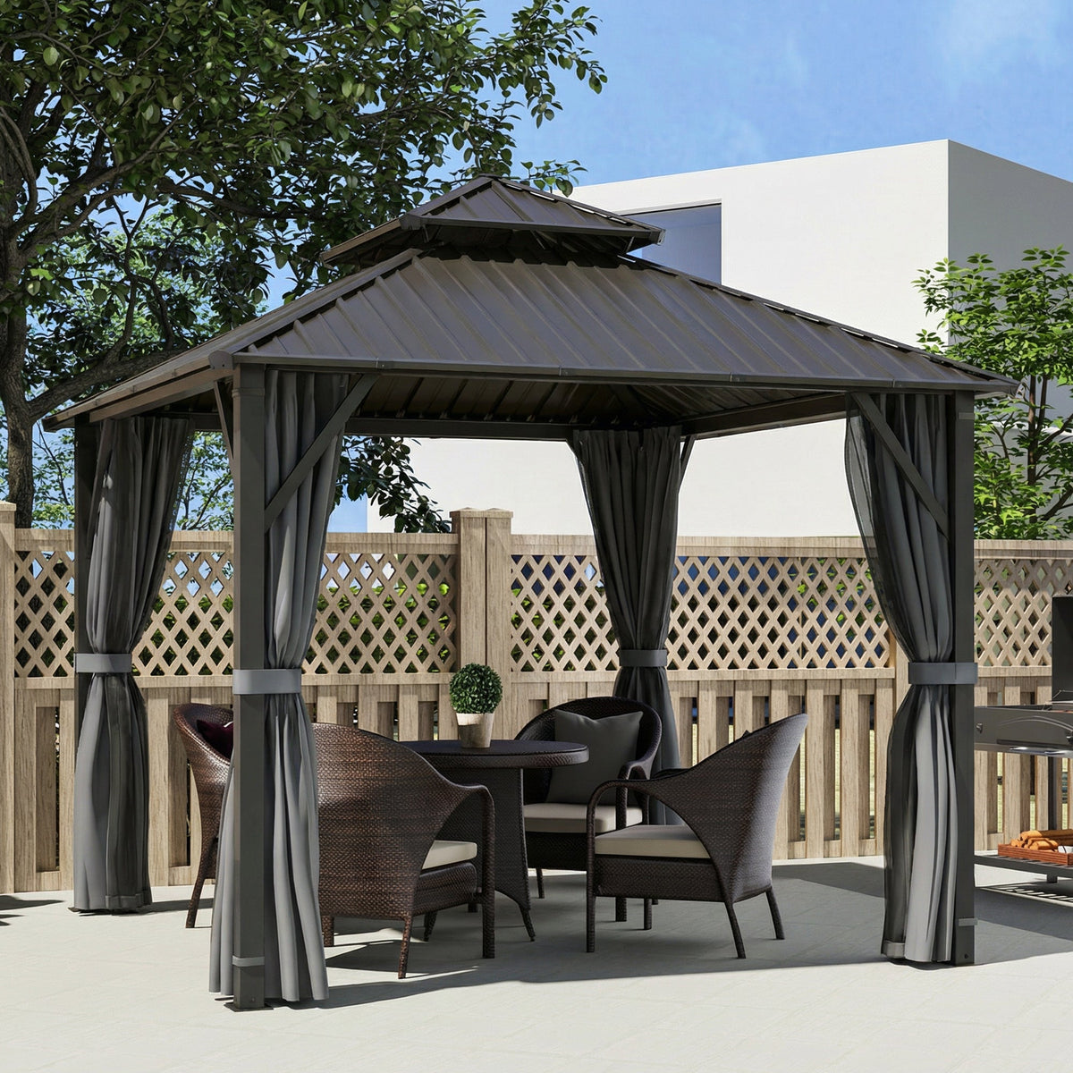 3 x 3 m Hardtop Gazebo with Double Metal Roof, Netting & Curtains, Grey — product view 3
