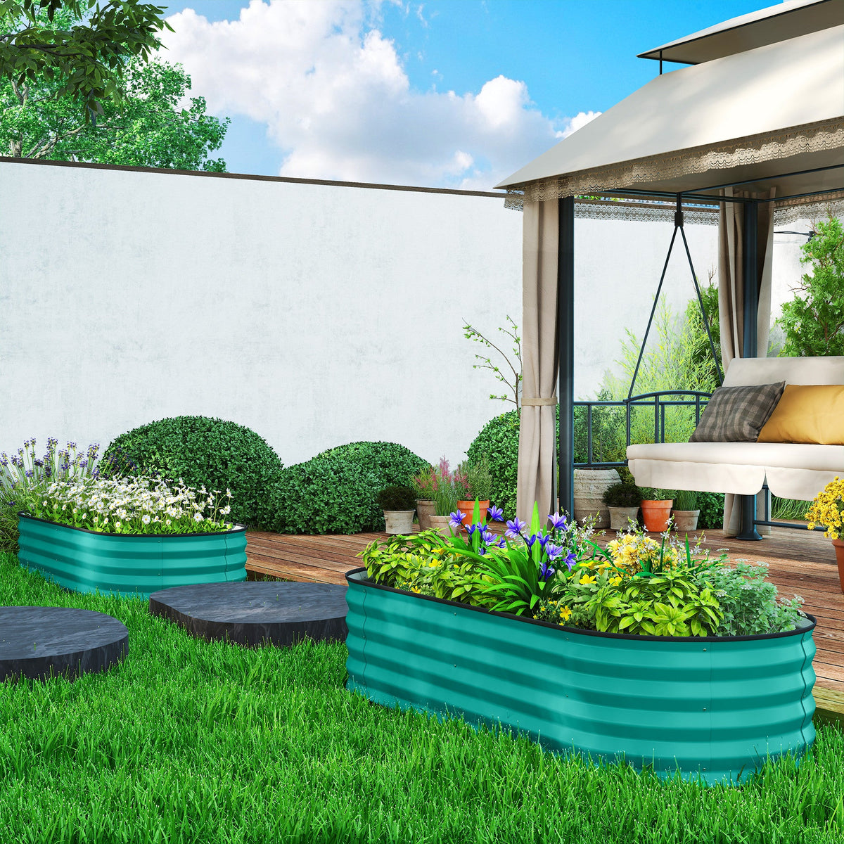 Set of 2 Galvanised Raised Beds with Stakes, 150 x 60 x 30 cm, Green — product view 4