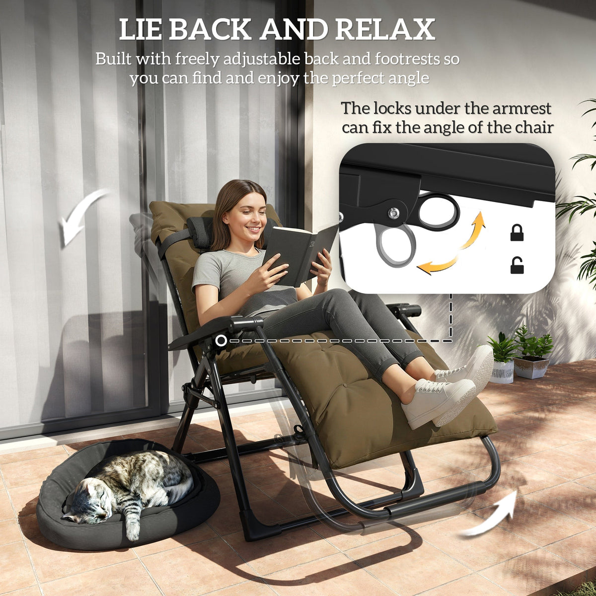 Reclining Zero Gravity Chair with Cushion and Headrest, Khaki — product view 6