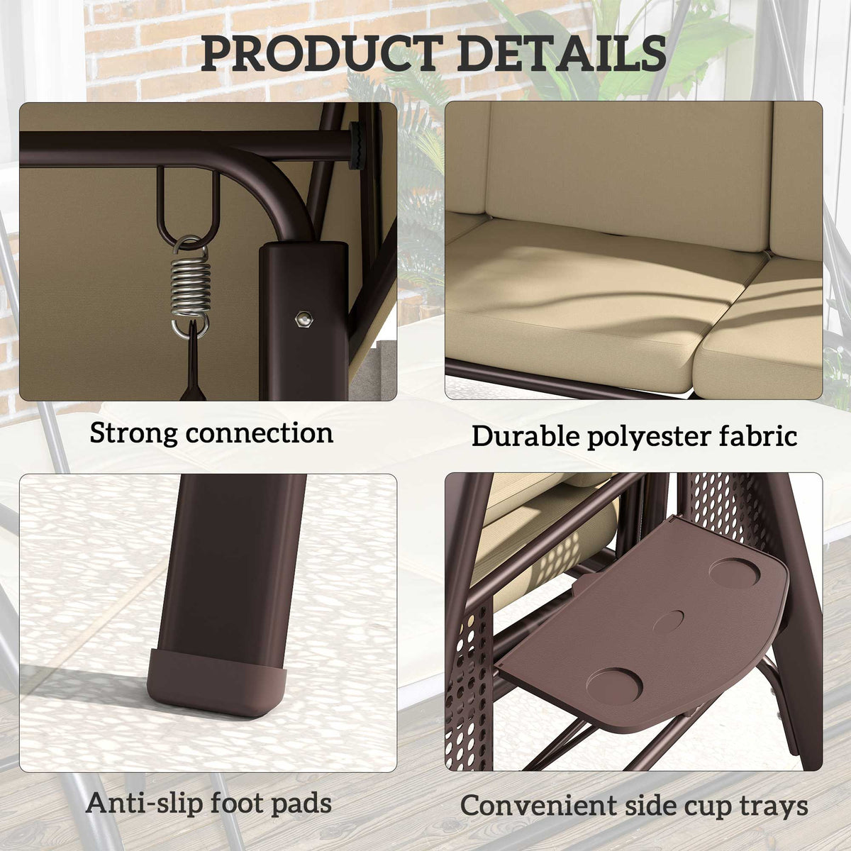 3 Seater Canopy Swing Chair with Cushions & Cup Trays, Brown — product view 7