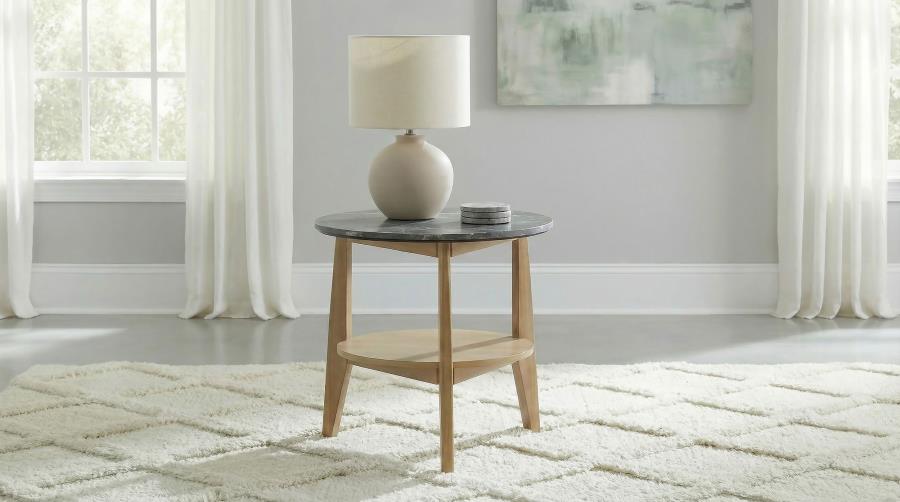 Bradley Grey Faux Marble Top Natural Wood 24" Round End Table – 706447 — product view 1