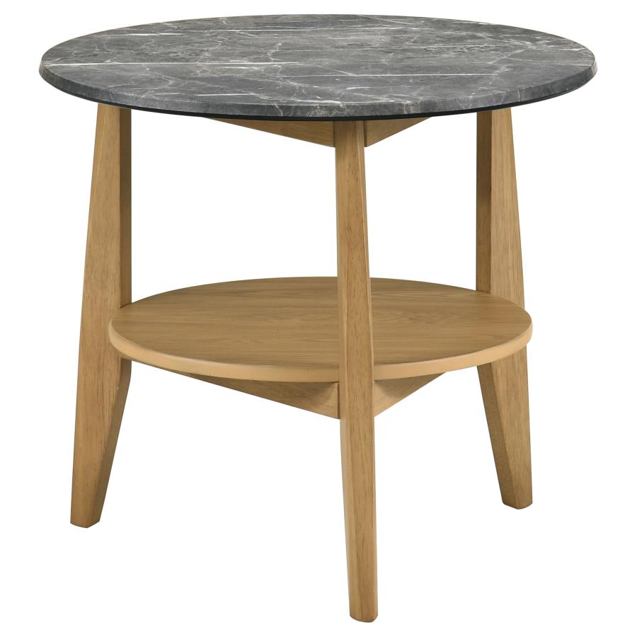Bradley Grey Faux Marble Top Natural Wood 24" Round End Table – 706447 — product view 2