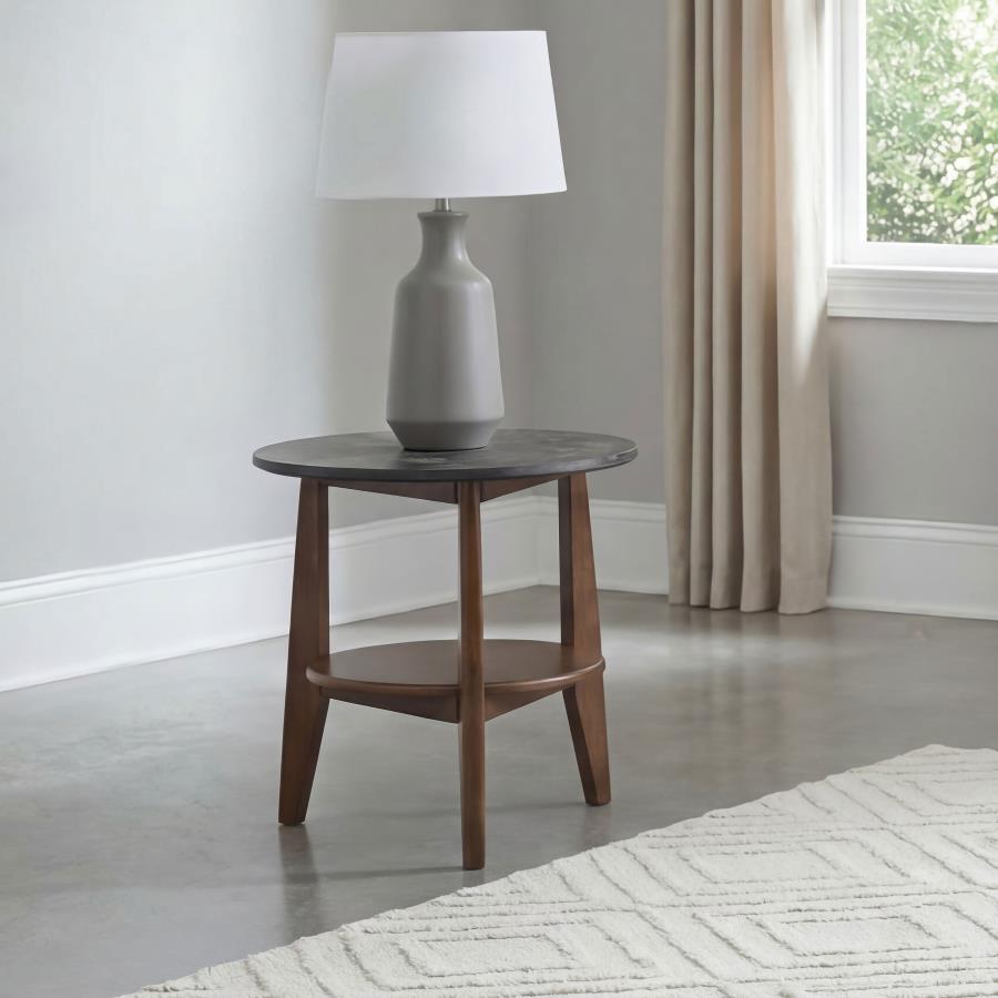 Bradley Smokey Grey Faux Marble Top Brown Wood 24" Round End Table – 706457 — product view 1