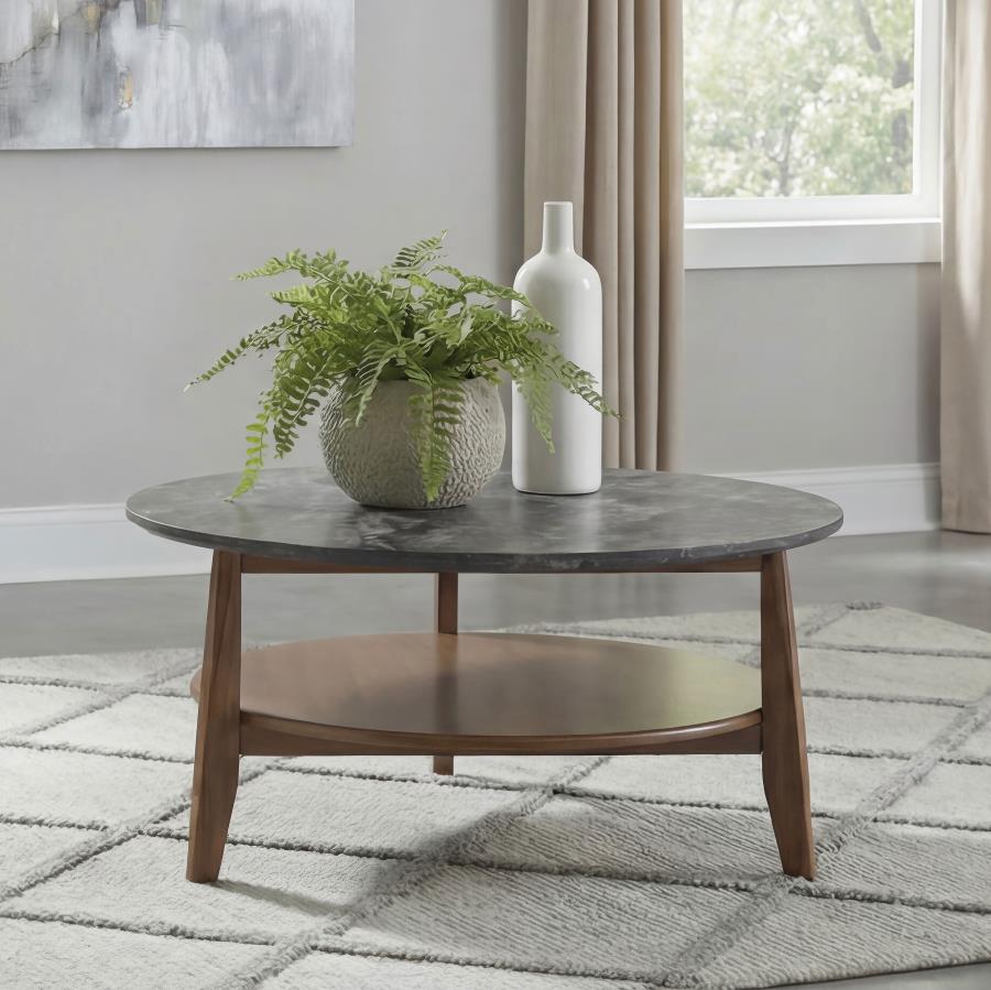 Bradley Smokey Grey Faux Marble Top Brown Wood 36" Round Coffee Table – 706458 — product view 1