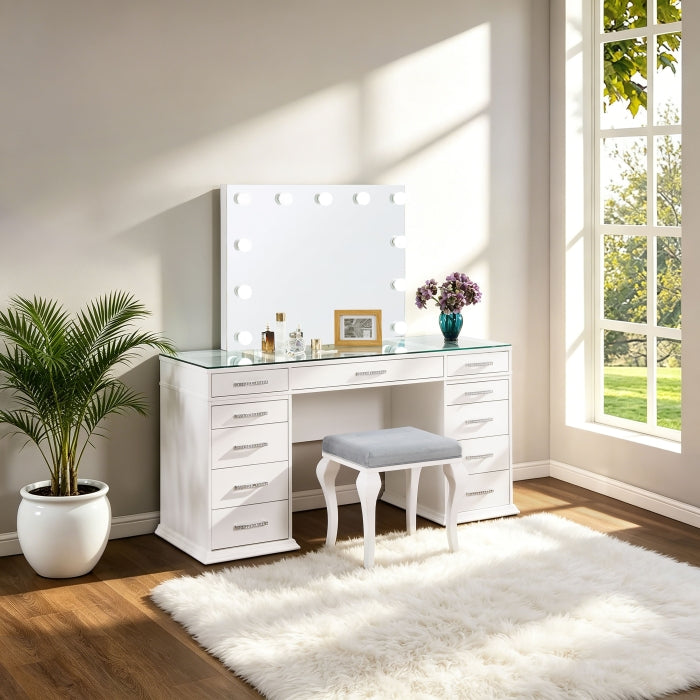 Hollywood Glamour White High Gloss 3-Piece Makeup Vanity Set with LED Mirror – 7136 — product view 1