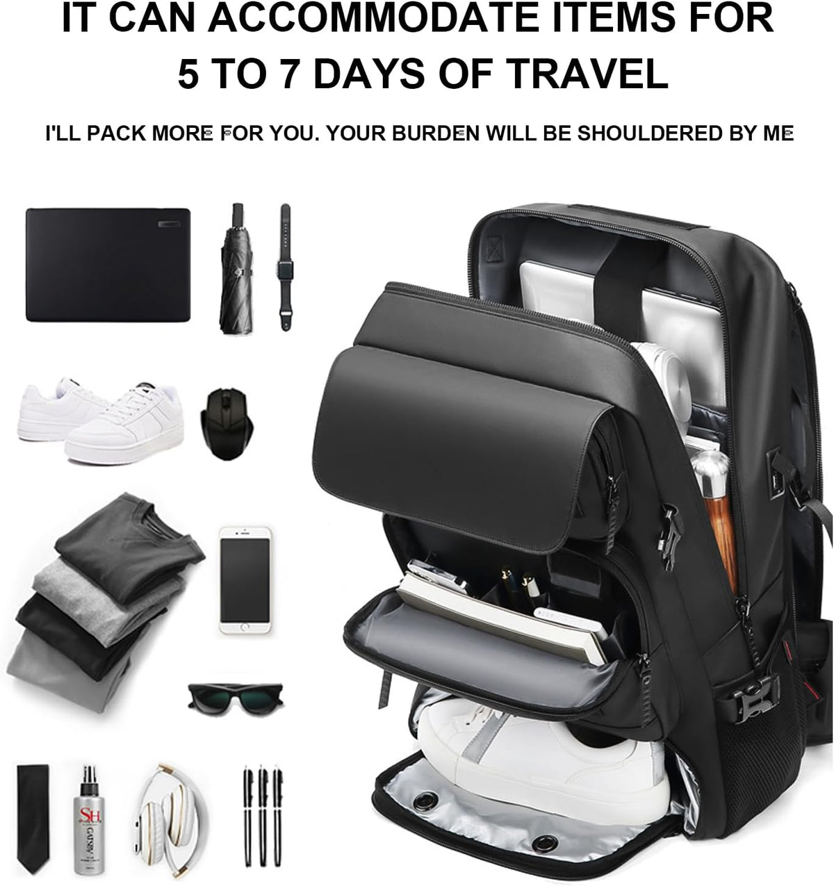 50L Waterproof Travel Backpack with Shoe Compartment & USB Port | LoungeYard — product view 4