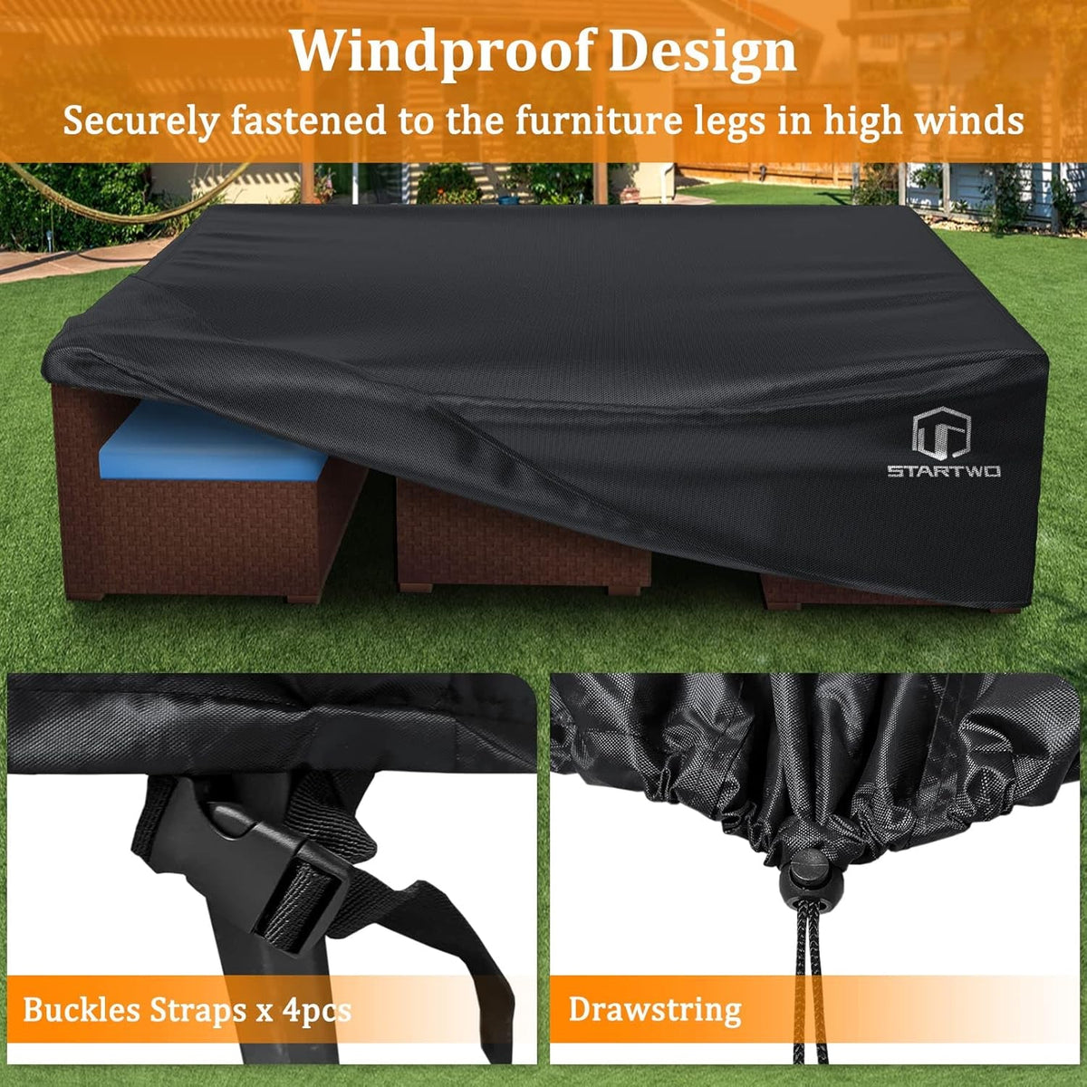 Patio Furniture Covers Waterproof, Anti-Uv Tear-Resistant 500D Heavy Duty 7-12 Seats Outdoor Furniture Cover for Sectional Sofa, Patio Table Cover, 98"X78"X28", Black — product view 6