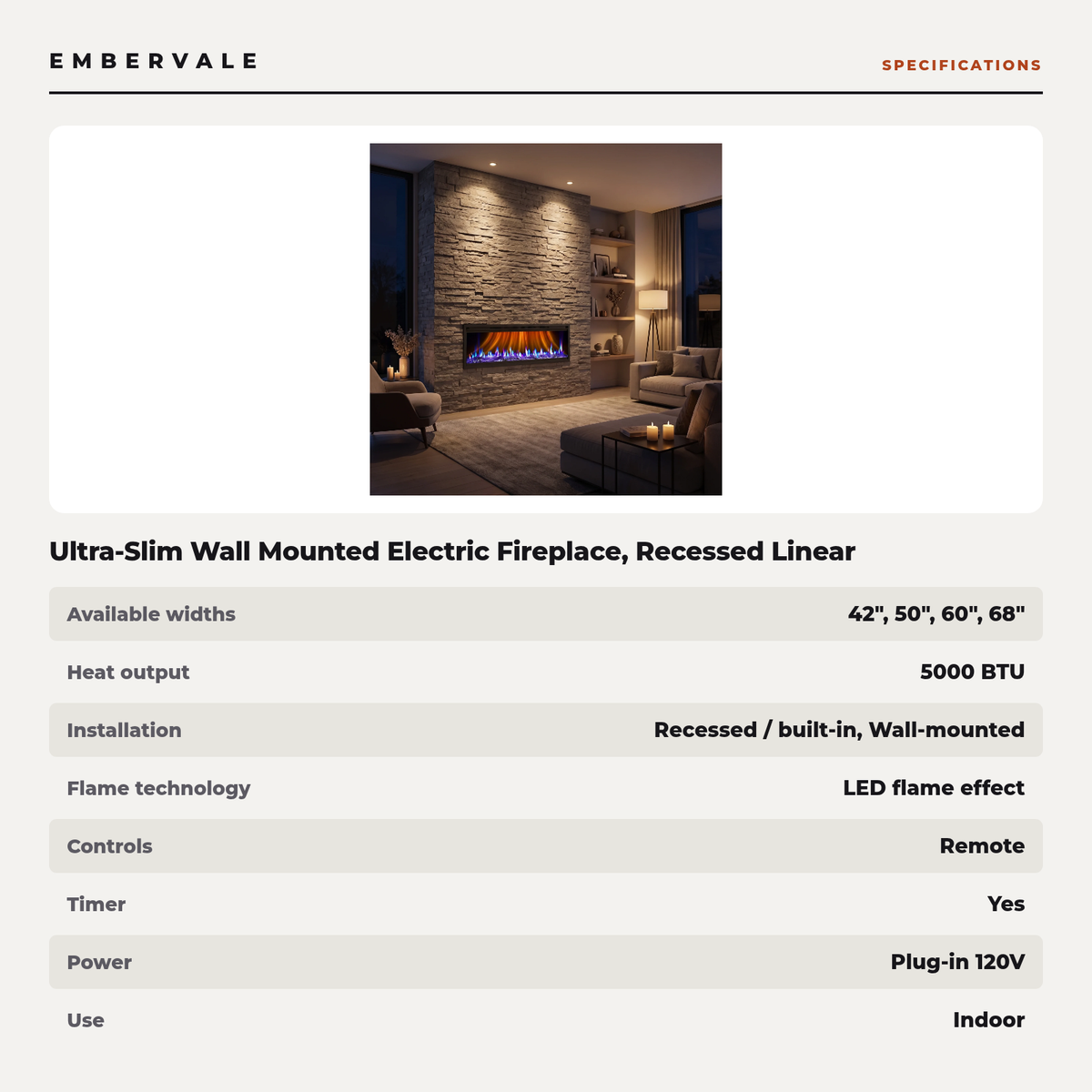 Ultra-Slim Wall Mounted Electric Fireplace, Recessed Linear Fireplace Heater 5000 BTU with Remote & Timer — 42, 50, 60, 68 Inch — product view 4