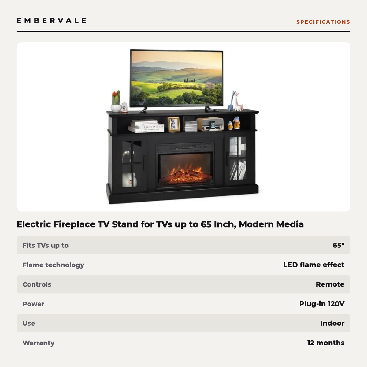 Electric Fireplace TV Stand for TVs up to 65 Inch, Modern Media Console Entertainment Center, Remote Control for Living Rooms — product view 3