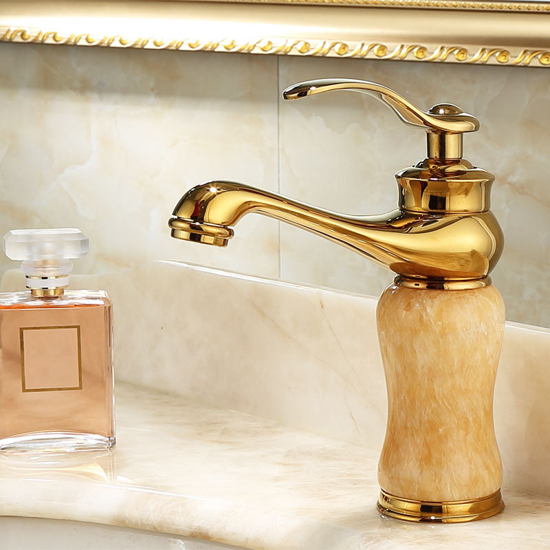LoungeYard | Deck Mounted Copper Tub Faucet Low Arc Roman Tub Faucet Set with Jade — product view 1