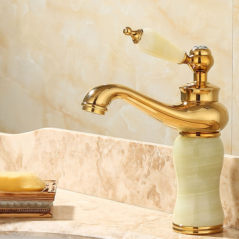 LoungeYard | Deck Mounted Copper Tub Faucet Low Arc Roman Tub Faucet Set with Jade — product view 4