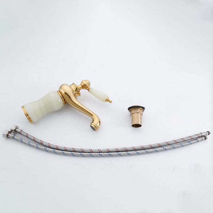 LoungeYard | Deck Mounted Copper Tub Faucet Low Arc Roman Tub Faucet Set with Jade — product view 5