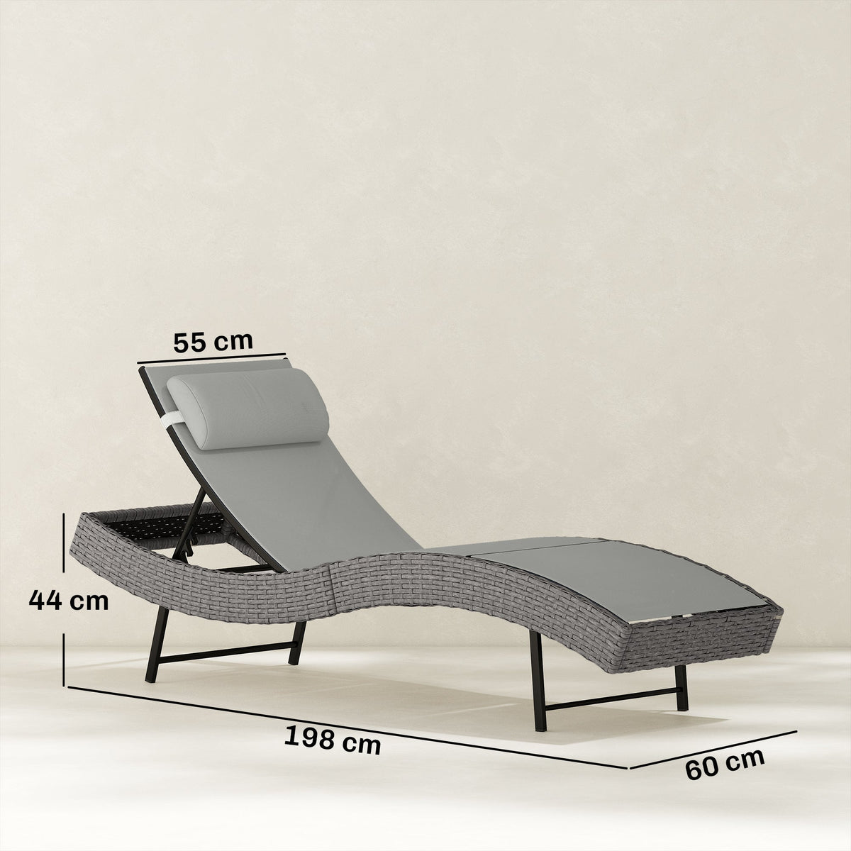 Rattan Sun Lounger with S-Shaped Seat and 5-Position Backrest, Light Grey — product view 5
