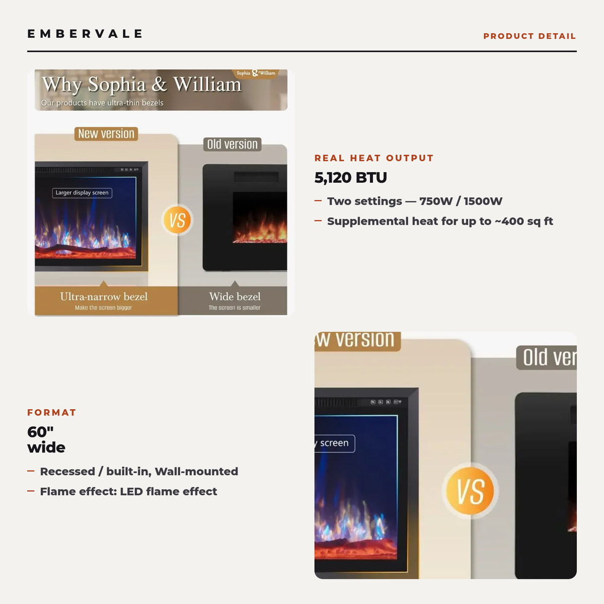 60 Inch Recessed Electric Fireplace, 750W/1500W Wall-Mounted Linear Fireplace with Smart Heat & Adjustable Flame — product view 3