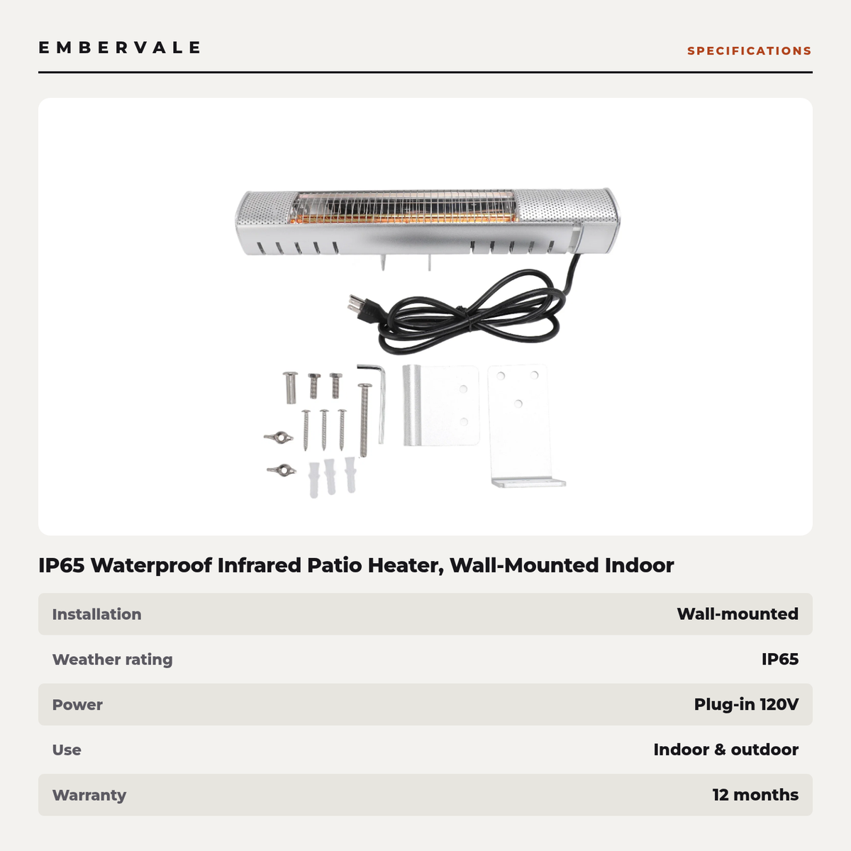 IP65 Waterproof Infrared Patio Heater, Wall-Mounted Indoor Outdoor Electric Heater in Aluminum Alloy — product view 3