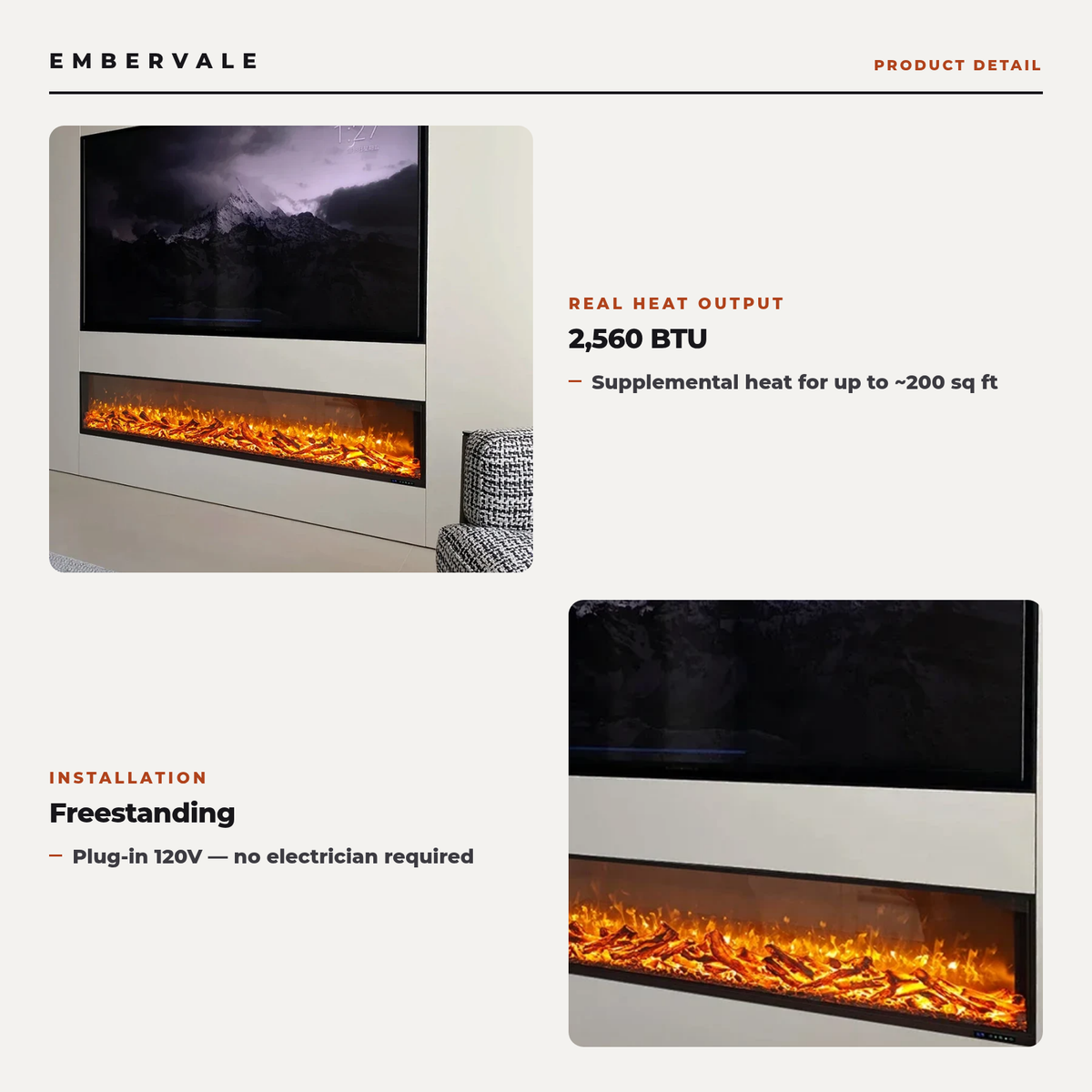 750W Freestanding Linear Electric Fireplace with Adjustable Flame Brightness, Crystal & Log Bed, Modern Black Frame — product view 2