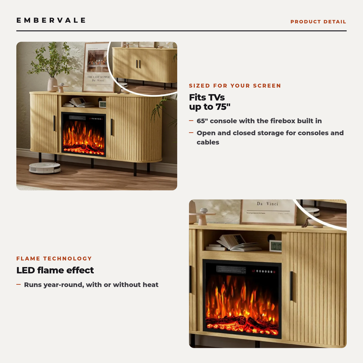 65" Fluted Fireplace TV Stand for TVs Up to 75 inches, Modern Entertainment Center with 23" Electric Fireplace, Wooden — product view 2