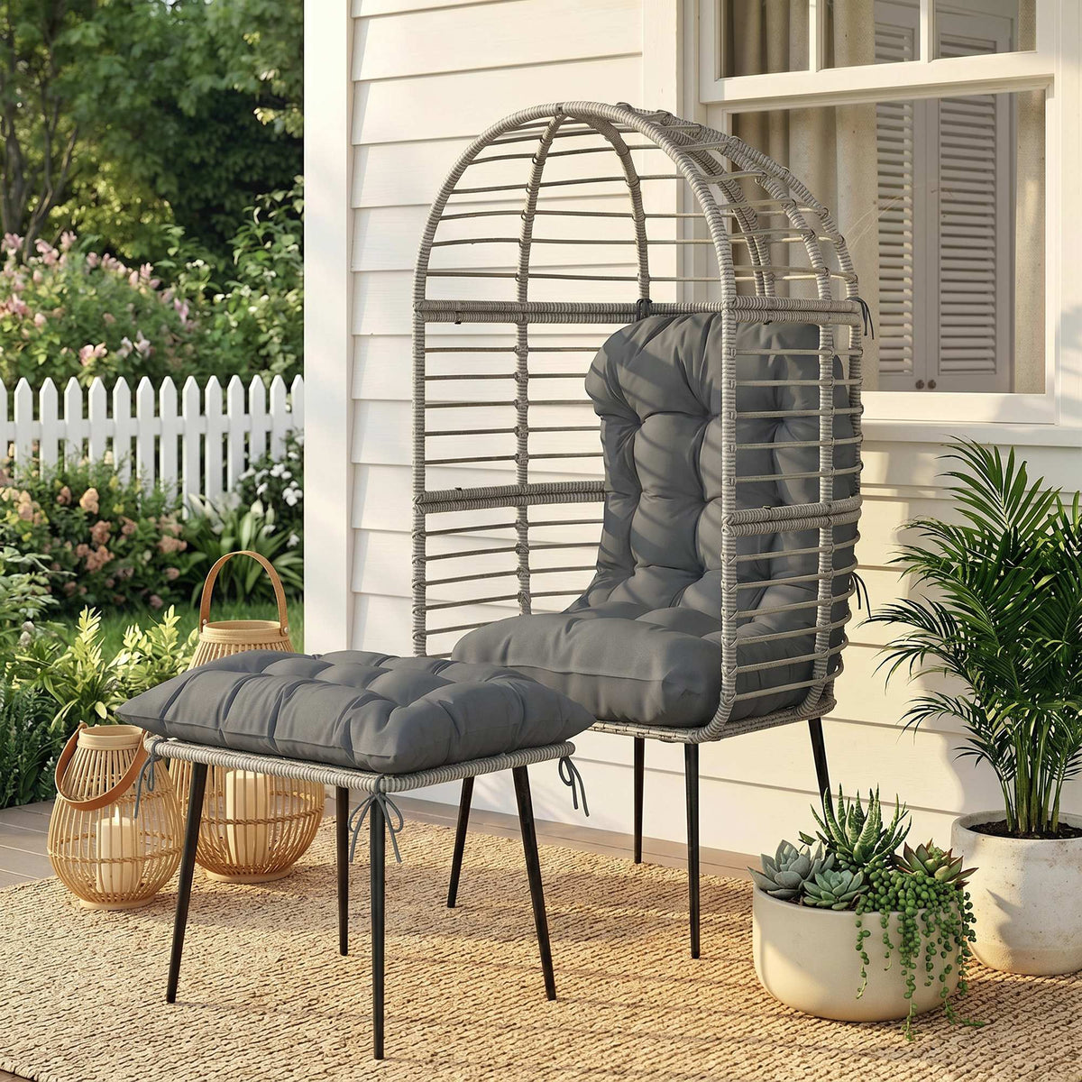 Standing PE Rattan Egg Chair with Footstool and Thick Cushions, Light Grey — product view 4