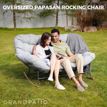 LOUNGE YARD Double-seat Rocking Chair, Outdoor Oversized Rocking Papasan Chair with Padded Cushion