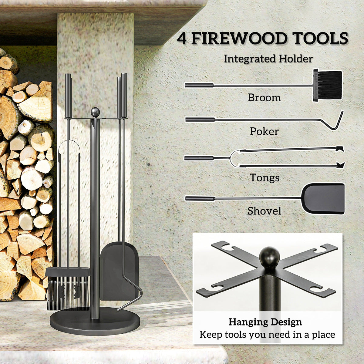 5-Piece Metal Fireplace Tool Set with Stand, Brush, Shovel, Poker & Tongs, Black — product view 6