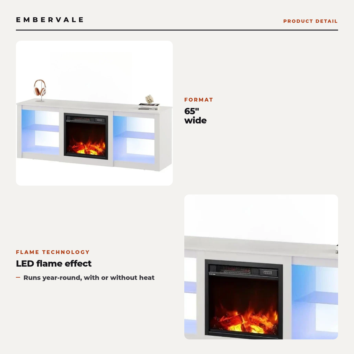 65 Inch Fireplace TV Stand with LED Lights, Modern Electric Fireplace TV Console with Storage — product view 2